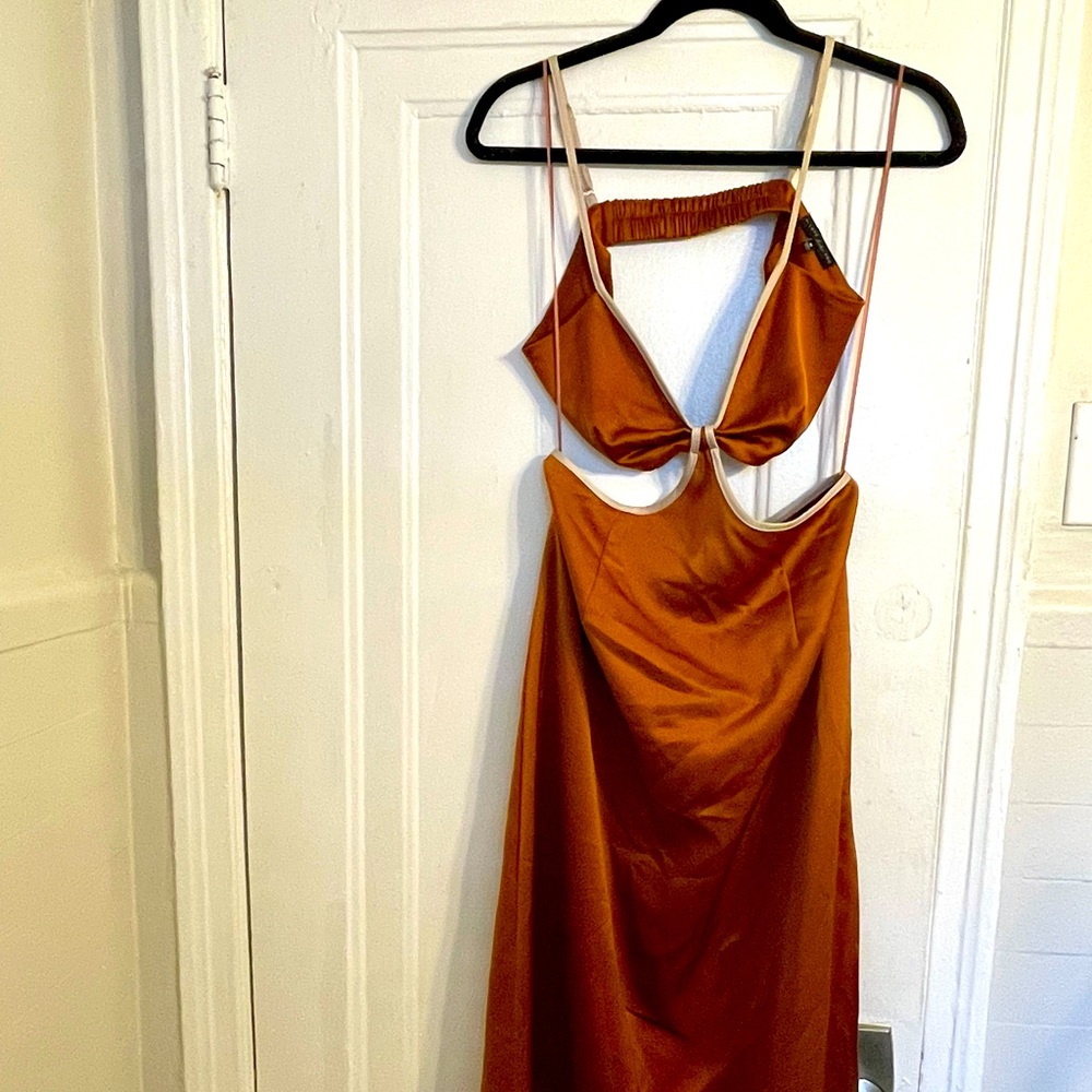 Burnt orange silk dress with cut outs, worn once